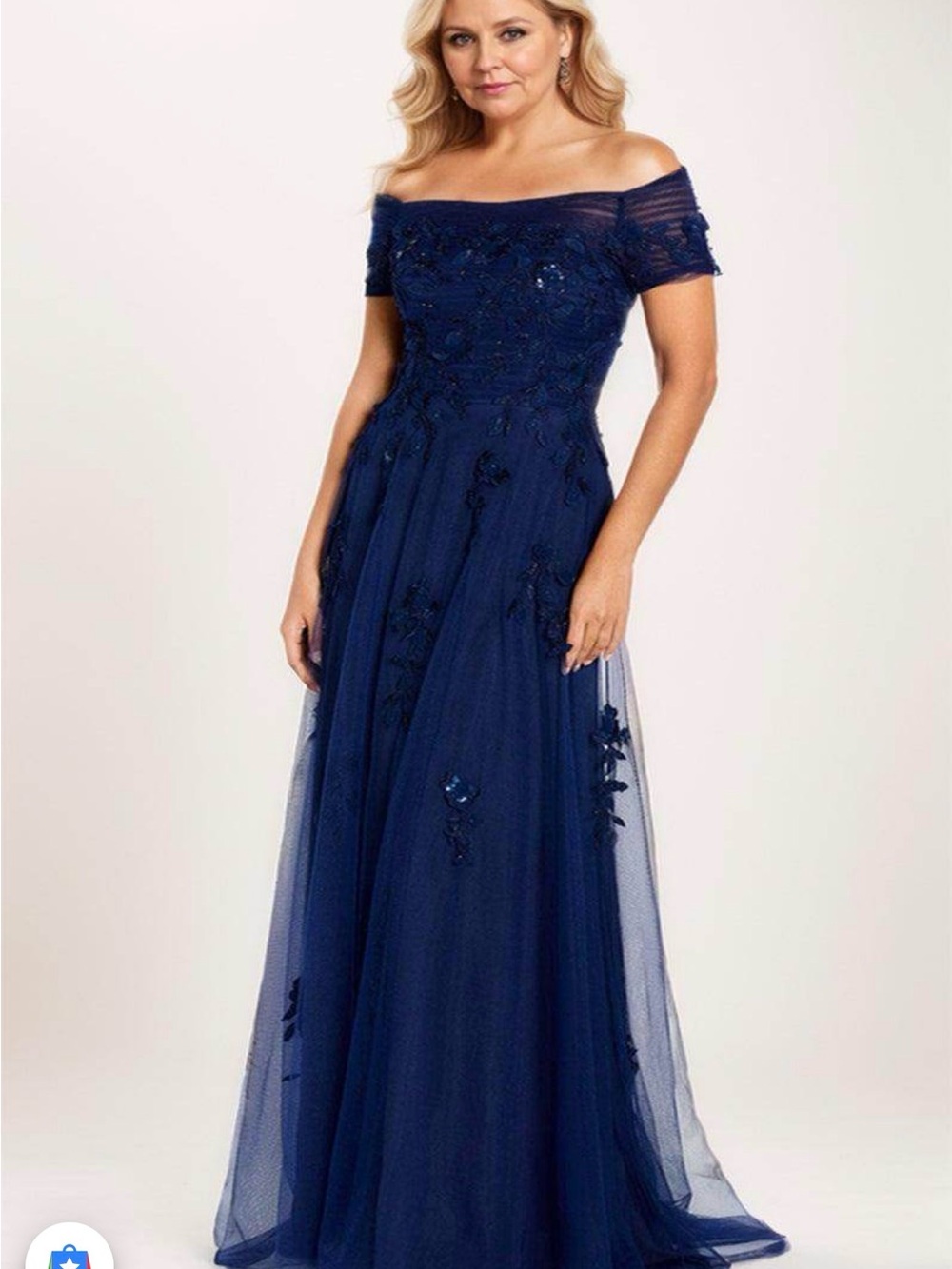 Off-the-Shoulder Navy Maxi Dress with Floral Appliqué